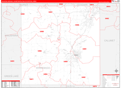 Oshkosh-Neenah Metro Area Wall Map Red Line Style 2024